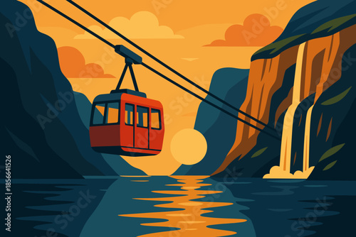 Cable car travels over water near waterfall as sunset casts orange glow on mountains