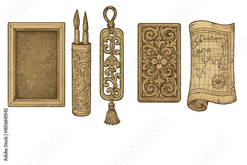 Collection of decorative objects including a frame, scroll, and map placed on a white background