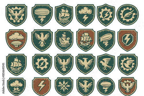 Collection of shield designs featuring symbols of nature, ships, and elements displayed on a green background