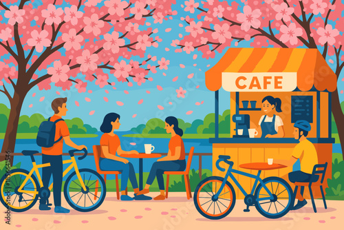 People enjoy drinks at a cafe under flowering trees by a lake on a sunny day with bicycles nearby and a cheerful barista serving drinks