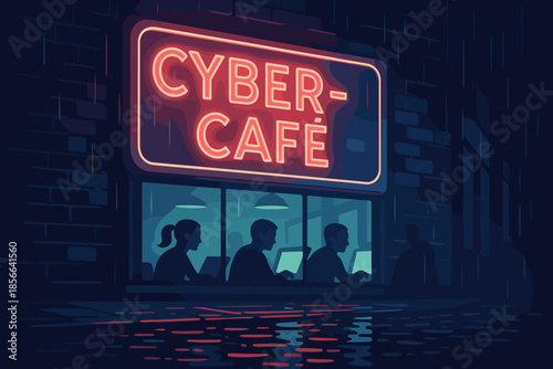 People using computers inside cyber cafe during rainy night in urban setting