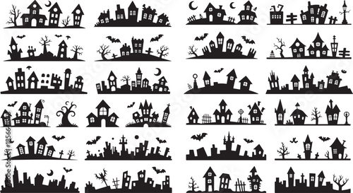 Collection of spooky Halloween town silhouettes with haunted houses and bats flying