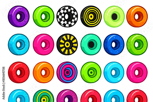 Colorful collection of round shapes with various patterns arranged in a grid layout on a white background