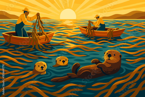 Fishing and playing in a golden sunset by the sea with otters and fishermen in boats