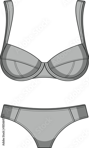 Grey Lingerie Set: Technical Sketch Featuring Underwire Bra and Matching Panty Apparel Design Templates