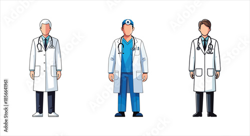 Three medical professionals standing in a row wearing lab coats and stethoscopes