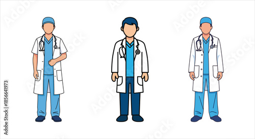 Three male doctors standing in a row wearing lab coats and stethoscopes against a white background.