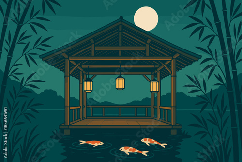 Koi swimming near a wooden pavilion under a full moon beside bamboo trees in a tranquil water scene