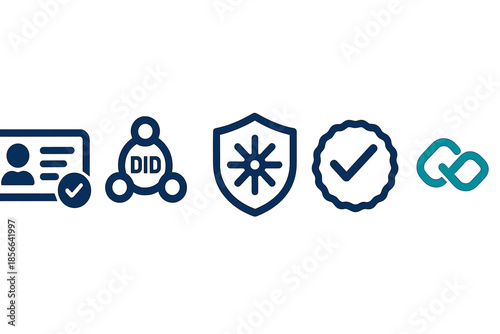 Different icons showing digital identity elements such as verification, security, and connections for online profiles and data