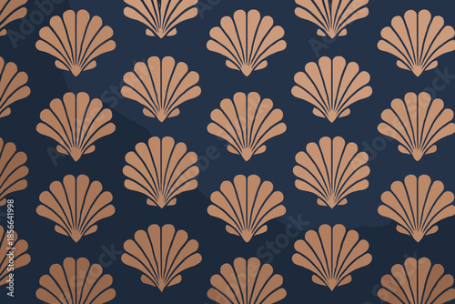 Pattern of gold shells on a dark blue background with regular spacing and repeated design suitable for various uses