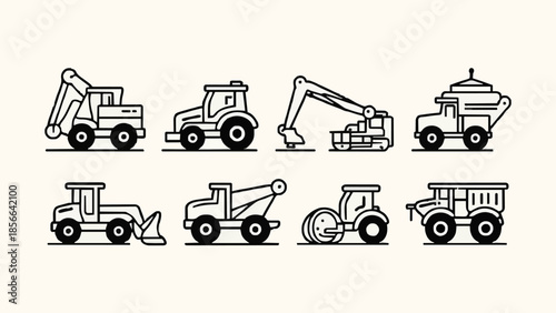 Outline Illustrations of a Diverse Range of Heavy Construction Vehicles and Industrial Equipment Set