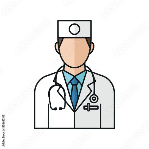 Illustration of a doctor wearing a white coat and stethoscope in a medical setting