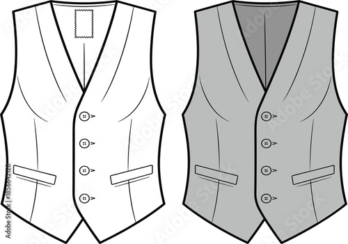 Waistcoat Vest Technical Sketch Set Featuring White and Grey Formal Apparel Design Flat Templates