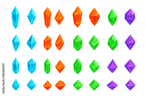 Colorful crystals arranged in rows showcasing different shapes and sizes on a white background