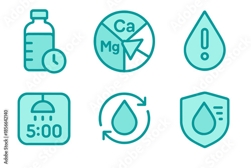 Set of health and wellness icons showing water intake, mineral balance, and hydration reminders in a simple design