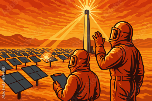 Workers observe solar panels in a desert area during sunset while noting details at a solar power plant