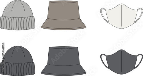 Apparel Accessory Technical Sketch Set: Featuring Beanie Hats, Bucket Hats and Fabric Face Masks