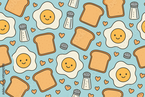 Cute pattern with eggs, bread, salt shakers, and hearts on a blue background for kitchen decor or food themed design