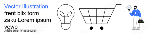 E-commerce, business solutions, innovation, online shopping, creativity, professional growth. Light bulb, shopping cart professional holding idea. E-commerce and innovation concept
