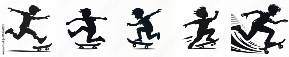 Obraz premium Silhouette of a Young Boy Riding a Skateboard Vector Illustration