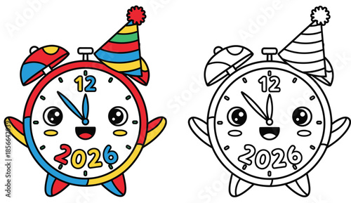 This vector design features a black and white coloring sheet outline of a cute cartoon alarm clock mascot sporting a party hat for the 2026 New Year's celebration