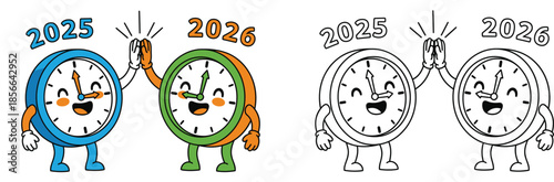 Adorable cartoon clock figures from 2025 and 2026 giving each other high fives and a happy New Year's transition vector illustration with a black and white coloring page outline