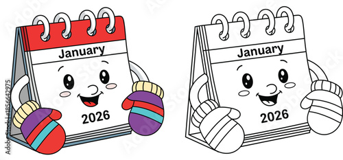 A happy mascot vector design with a black and white coloring sheet outline, featuring a cute cartoon January 2026 calendar character wearing winter gloves