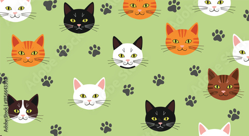 Adorable seamless pattern featuring a variety of cute cartoon cat faces and paw prints scattered across a pleasant light green background.