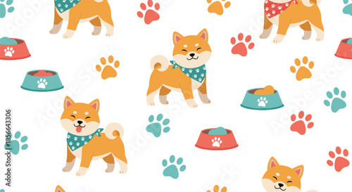 Adorable seamless pattern of cute Shiba Inu dogs wearing bandanas with their food bowls and colorful paw prints on a white background.