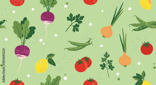 Healthy food seamless pattern featuring a variety of fresh cartoon vegetables and herbs on a pleasant light green background design.