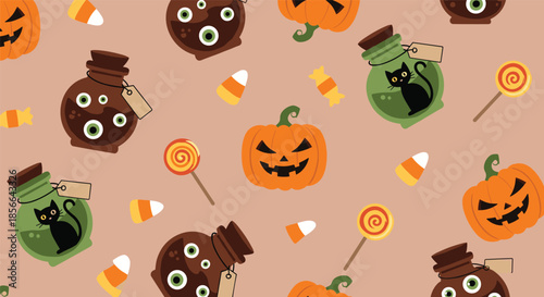 Fun Halloween seamless pattern with cartoon jack-o'-lanterns, spooky potion bottles, lollipops, and candy corn on a muted background.