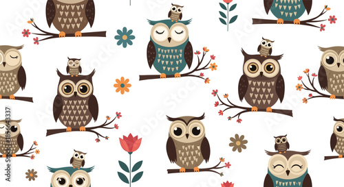 Whimsical seamless pattern of cute cartoon owls and their babies perched on branches with colorful flowers on a white background.