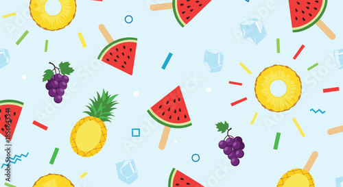 Refreshing summer seamless pattern with juicy pineapple, watermelon slices, grapes, and ice cubes scattered on a light blue background.