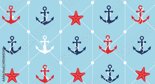 Classic nautical seamless pattern with red, white, and blue ship anchors and starfish on a light blue background with a dotted grid.