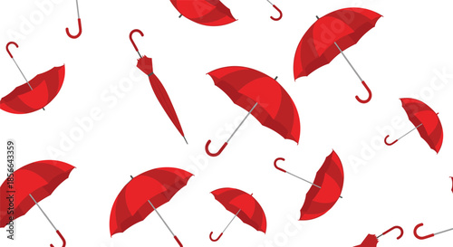 Simple and modern seamless pattern of scattered bright red umbrellas, both open and closed, against a clean, crisp white background.