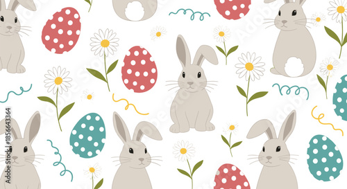 Delicate Easter seamless pattern featuring lovely grey rabbits, colorful decorated eggs, and daisy flowers on a clean white background.