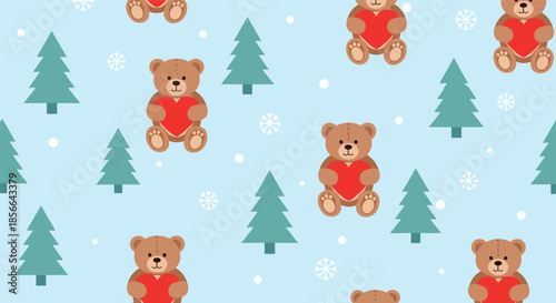 Sweet winter or Valentine's seamless pattern with cute teddy bears holding red hearts among pine trees and snowflakes on a blue backdrop.