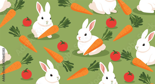 Cute seamless pattern featuring adorable white rabbits holding fresh carrots alongside red tomatoes on a vibrant green background design.