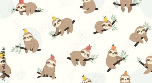 Adorable seamless pattern of cute and sleepy cartoon sloths resting on tree branches, some with little fruits balanced on their heads.