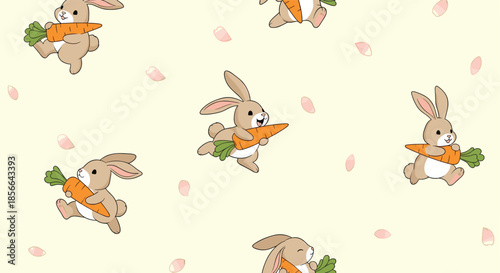 Sweet seamless pattern of happy cartoon bunnies running with large carrots, with pink flower petals scattered on a soft yellow background.