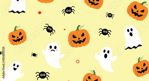 Spooky and fun Halloween seamless pattern with cartoon ghosts making funny faces, carved pumpkins, and spiders on a yellow background.
