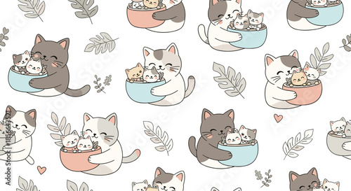 Heartwarming seamless pattern for Mother's Day featuring adorable cartoon mother cats hugging their kittens in colorful bowls with leaves.