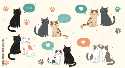 Charming collection of cute cartoon cat couples sitting together and communicating with speech bubbles on a soft beige background.