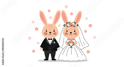 Sweet wedding day illustration of a cute bunny bride and groom character couple holding hands, surrounded by floating pink flowers.