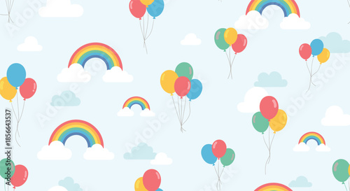 Whimsical and cheerful seamless sky pattern with colorful rainbows on clouds and floating balloon bunches on a light blue background.