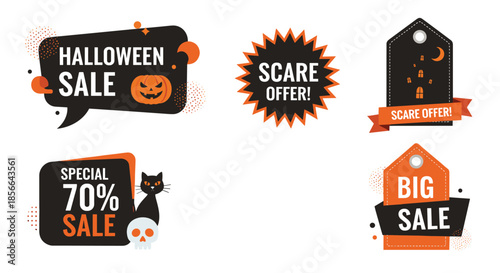 Collection of spooky and fun Halloween sale tags and labels, featuring pumpkins, haunted houses, and black cats for retail promotions.