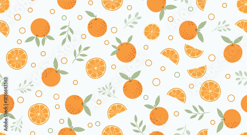 Fresh and zesty seamless pattern with whole oranges, juicy slices, and green leaves scattered on a clean white background design.