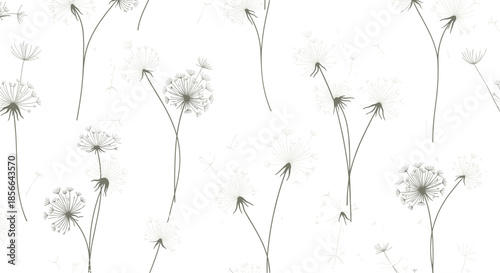 Elegant and delicate seamless pattern of artistic dandelion flowers with blowing seeds on a light, subtly textured white background.