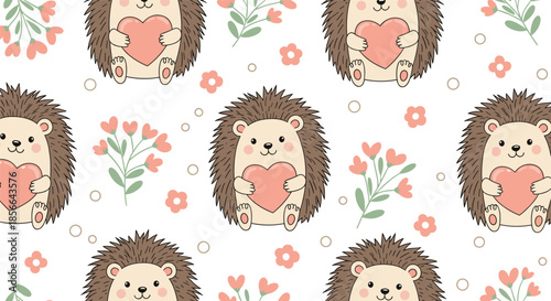 Sweet seamless pattern for Valentine's Day featuring adorable cartoon hedgehogs holding pink hearts, surrounded by flowers and dots.