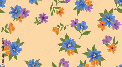 Beautiful seamless floral pattern with scattered bouquets of colorful blue, purple, and orange flowers on a soft beige background.